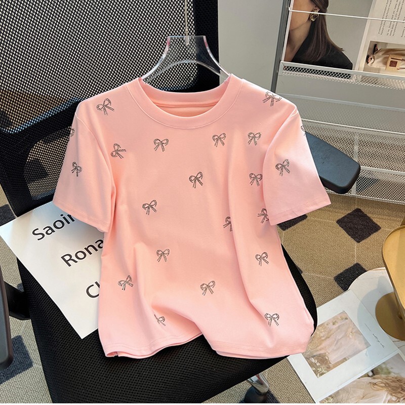 Casual O-kaelusega T-särk Suvine lühikeste varrukatega kontori puuvillane T-särk Magusad teemanttopsid Blusas Mujer De Moda