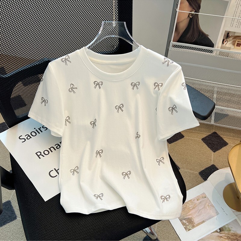 Casual O-kaelusega T-särk Suvine lühikeste varrukatega kontori puuvillane T-särk Magusad teemanttopsid Blusas Mujer De Moda