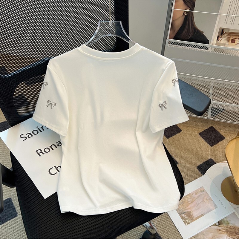 Casual O-kaelusega T-särk Suvine lühikeste varrukatega kontori puuvillane T-särk Magusad teemanttopsid Blusas Mujer De Moda