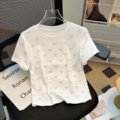 Sieviešu Bow Hot Diamond T-krekli Meiteņu modes ikdienišķs apaļš kakla apģērbs ar īsām piedurknēm Ielu apģērbi Sieviešu apģērbi Vintage topi