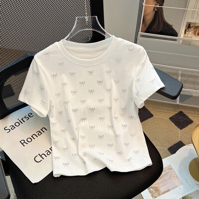 Sieviešu Bow Hot Diamond T-krekli Meiteņu modes ikdienišķs apaļš kakla apģērbs ar īsām piedurknēm Ielu apģērbi Sieviešu apģērbi Vintage topi