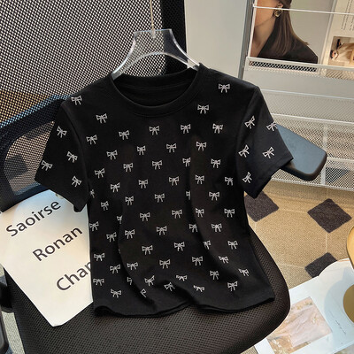 Sieviešu Bow Hot Diamond T-krekli Meiteņu modes ikdienišķs apaļš kakla apģērbs ar īsām piedurknēm Ielu apģērbi Sieviešu apģērbi Vintage topi