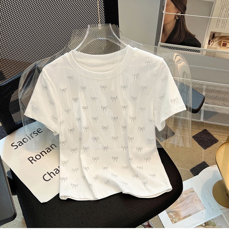 Sieviešu Bow Hot Diamond T-krekli Meiteņu modes ikdienišķs apaļš kakla apģērbs ar īsām piedurknēm Ielu apģērbi Sieviešu apģērbi Vintage topi