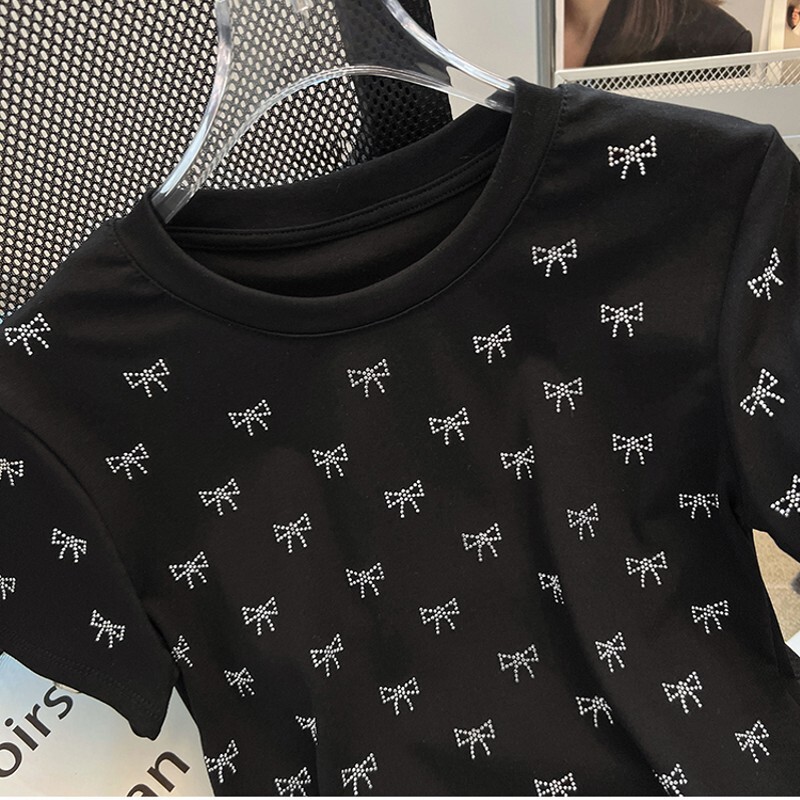 Sieviešu Bow Hot Diamond T-krekli Meiteņu modes ikdienišķs apaļš kakla apģērbs ar īsām piedurknēm Ielu apģērbi Sieviešu apģērbi Vintage topi