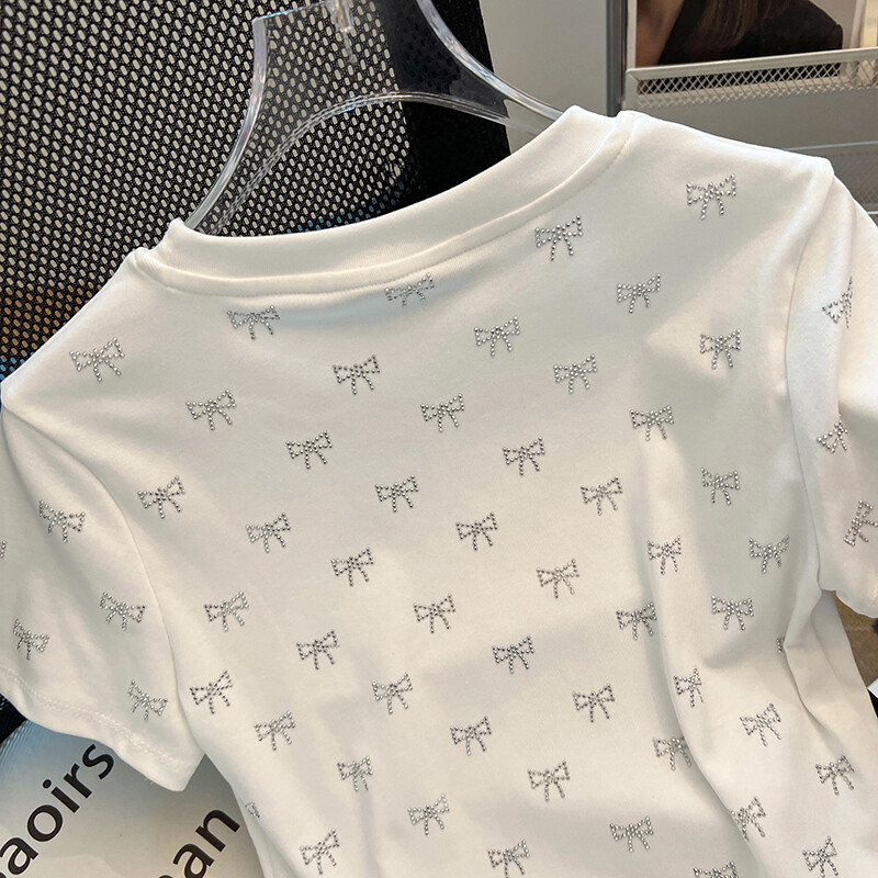 Sieviešu Bow Hot Diamond T-krekli Meiteņu modes ikdienišķs apaļš kakla apģērbs ar īsām piedurknēm Ielu apģērbi Sieviešu apģērbi Vintage topi