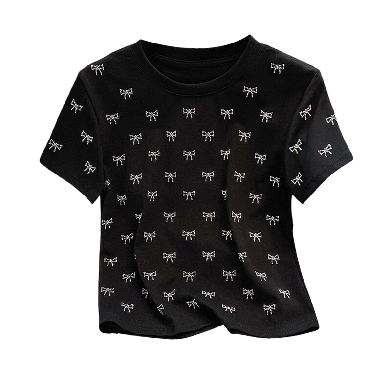 Sieviešu Bow Hot Diamond T-krekli Meiteņu modes ikdienišķs apaļš kakla apģērbs ar īsām piedurknēm Ielu apģērbi Sieviešu apģērbi Vintage topi