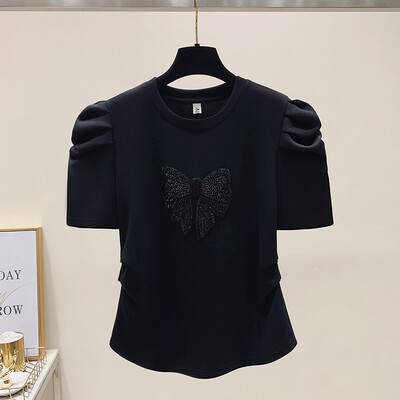 Suvine stiilne kontorinaise volditud T-särk Prantsuse mullivarrukatega vibukaunistusega T-särgid Naiste topid