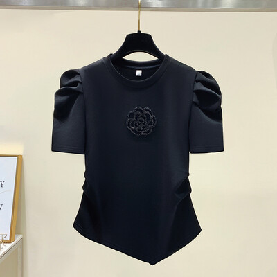 Suvine stiilne kontorinaise volditud T-särk Prantsuse mullivarrukatega vibukaunistusega T-särgid Naiste topid