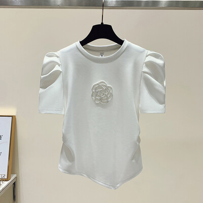 Suvine stiilne kontorinaise volditud T-särk Prantsuse mullivarrukatega vibukaunistusega T-särgid Naiste topid