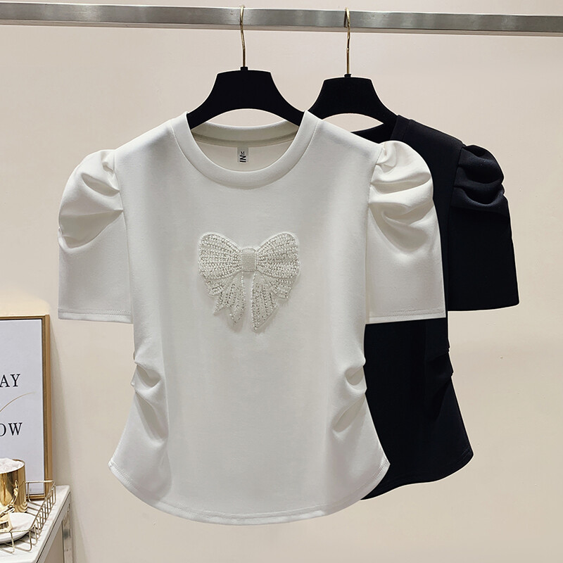 Suvine stiilne kontorinaise volditud T-särk Prantsuse mullivarrukatega vibukaunistusega T-särgid Naiste topid