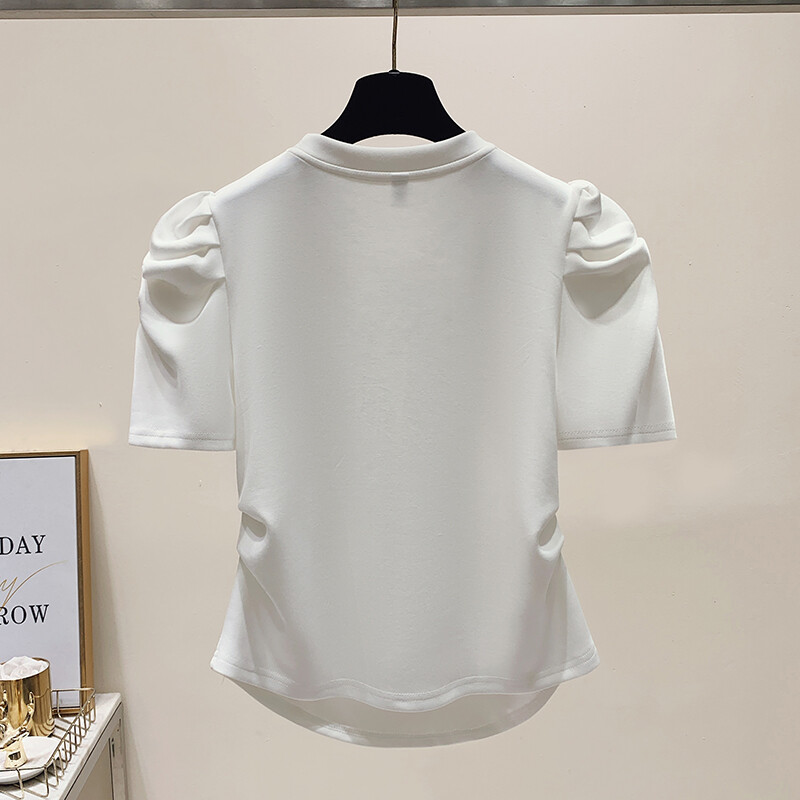 Suvine stiilne kontorinaise volditud T-särk Prantsuse mullivarrukatega vibukaunistusega T-särgid Naiste topid