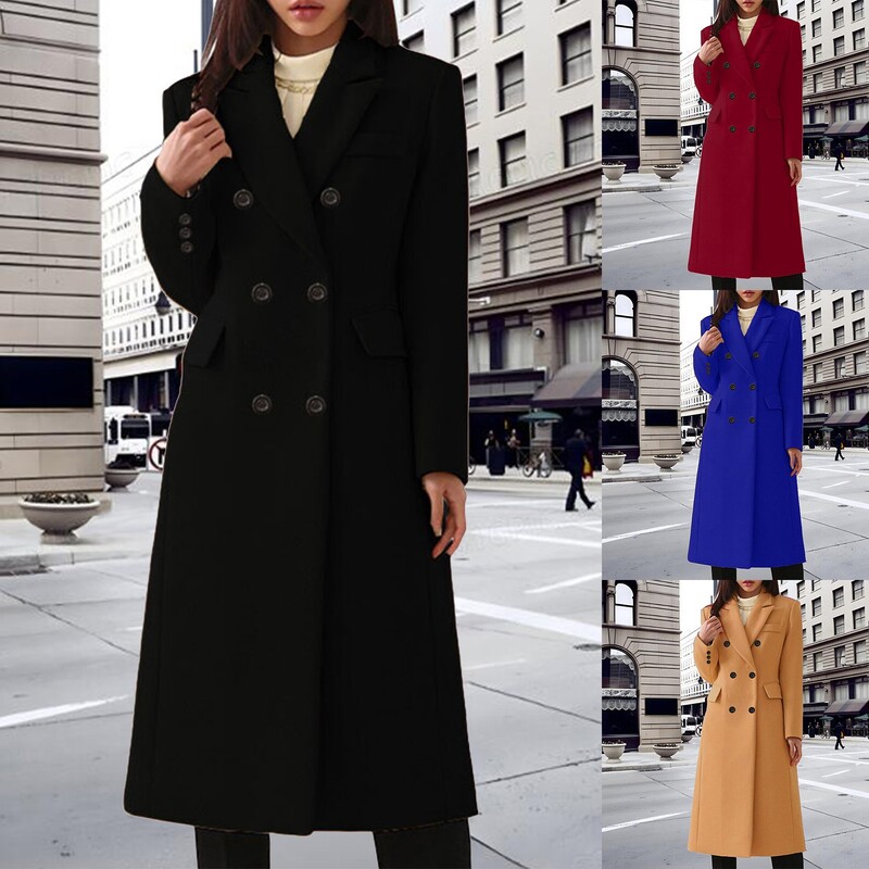 Sieviešu modes gadījuma garais mētelis divrindu masīvvilnas mētelis ar kabatām Vilnas mētelis olīvu vējjaka jaka sievietēm