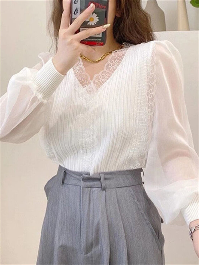 Naiste kevadsügise stiilis pluusid Naiste vabaaja pikkade varrukatega V-kaelusega pitsist pluusid DF4452