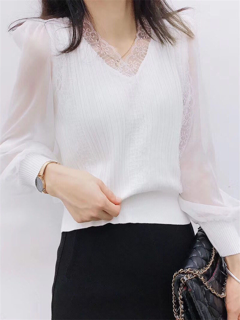 Naiste kevadsügise stiilis pluusid Naiste vabaaja pikkade varrukatega V-kaelusega pitsist pluusid DF4452