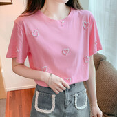 2023. gada vasara, jauns T-krekls ar apaļu kakla izgriezumu sievietēm, smagam darbam ar sirds pērlītēm ar īsām piedurknēm, vienkāršie topi sievietēm, saldi rozā, skaisti t-krekli