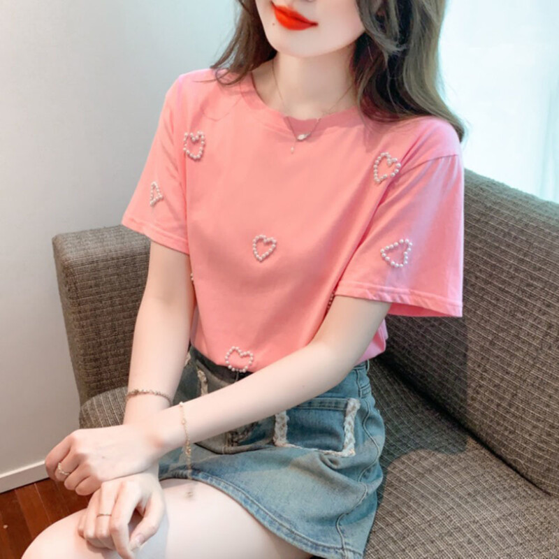 2023. gada vasara, jauns T-krekls ar apaļu kakla izgriezumu sievietēm, smagam darbam ar sirds pērlītēm ar īsām piedurknēm, vienkāršie topi sievietēm, saldi rozā, skaisti t-krekli