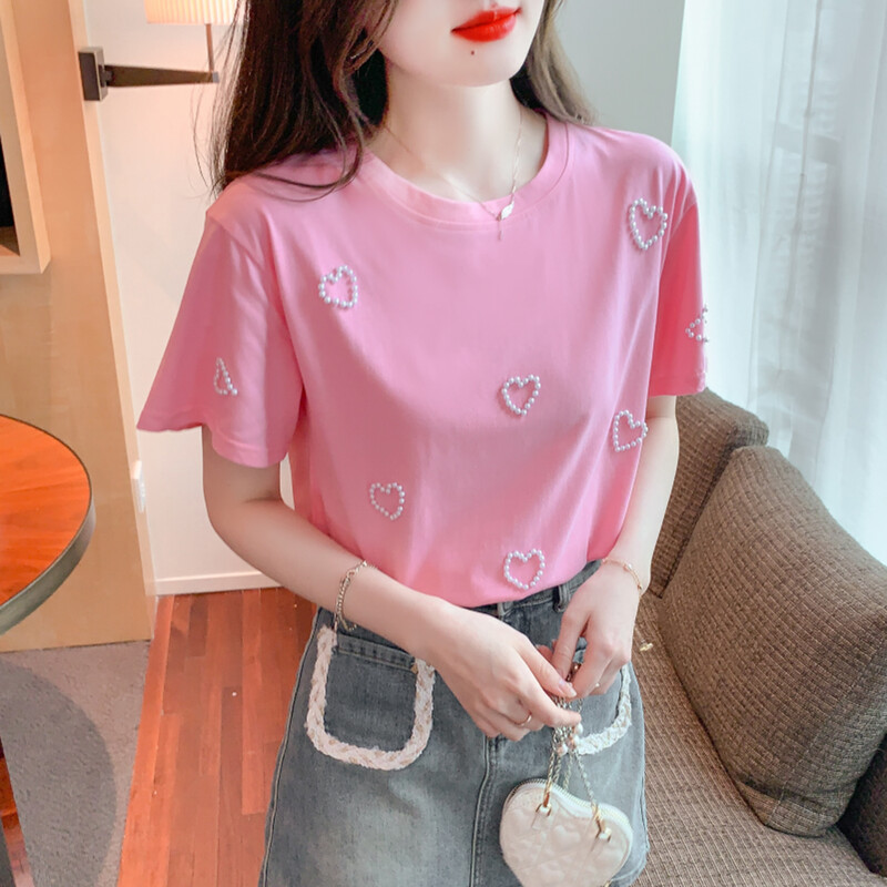 2023. gada vasara, jauns T-krekls ar apaļu kakla izgriezumu sievietēm, smagam darbam ar sirds pērlītēm ar īsām piedurknēm, vienkāršie topi sievietēm, saldi rozā, skaisti t-krekli