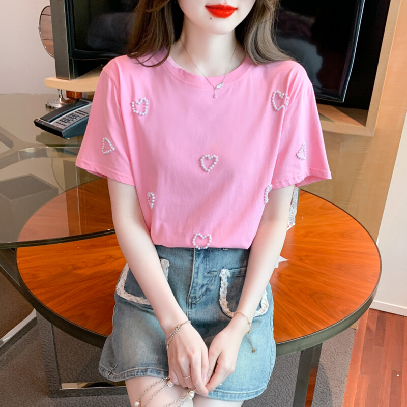 2023. gada vasara, jauns T-krekls ar apaļu kakla izgriezumu sievietēm, smagam darbam ar sirds pērlītēm ar īsām piedurknēm, vienkāršie topi sievietēm, saldi rozā, skaisti t-krekli