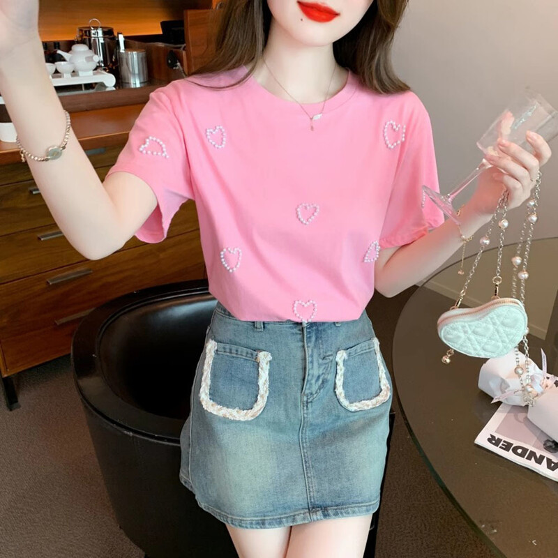 2023. gada vasara, jauns T-krekls ar apaļu kakla izgriezumu sievietēm, smagam darbam ar sirds pērlītēm ar īsām piedurknēm, vienkāršie topi sievietēm, saldi rozā, skaisti t-krekli