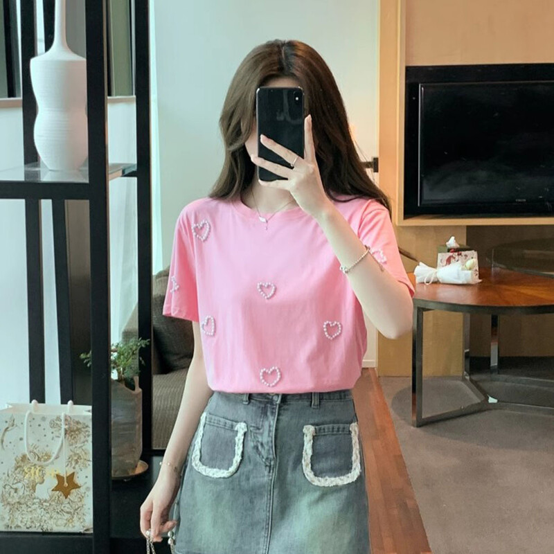 2023. gada vasara, jauns T-krekls ar apaļu kakla izgriezumu sievietēm, smagam darbam ar sirds pērlītēm ar īsām piedurknēm, vienkāršie topi sievietēm, saldi rozā, skaisti t-krekli