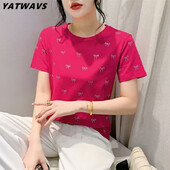 Висококачествени нови летни дамски секси памучни тениски с О-образно деколте, шикозни лъскави панделки с диаманти, корейски ежедневни тениски с къс ръкав