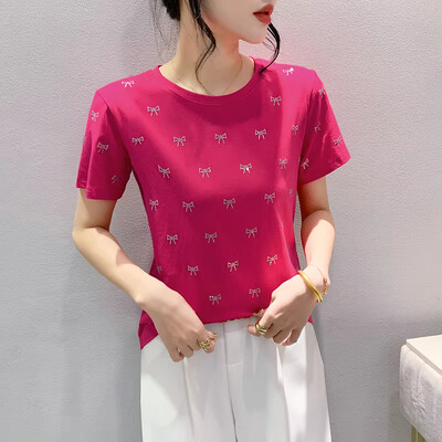 Висококачествени нови летни дамски секси памучни тениски с О-образно деколте, шикозни лъскави панделки с диаманти, корейски ежедневни тениски с къс ръкав