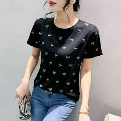 Висококачествени нови летни дамски секси памучни тениски с О-образно деколте, шикозни лъскави панделки с диаманти, корейски ежедневни тениски с къс ръкав