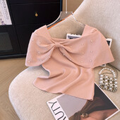 Sieviešu 2024. gada vasaras populārākie jauni franču maigi plecu modes Joker bantiņi ar īsām piedurknēm džemperis sieviešu t krekls