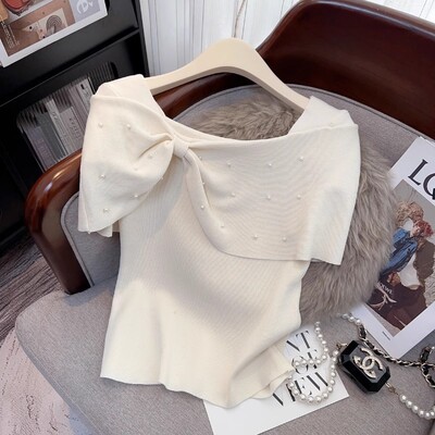 Sieviešu 2024. gada vasaras populārākie jauni franču maigi plecu modes Joker bantiņi ar īsām piedurknēm džemperis sieviešu t krekls