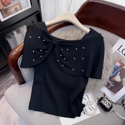 Sieviešu 2024. gada vasaras populārākie jauni franču maigi plecu modes Joker bantiņi ar īsām piedurknēm džemperis sieviešu t krekls