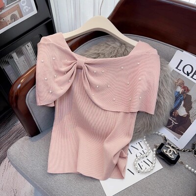 Sieviešu 2024. gada vasaras populārākie jauni franču maigi plecu modes Joker bantiņi ar īsām piedurknēm džemperis sieviešu t krekls