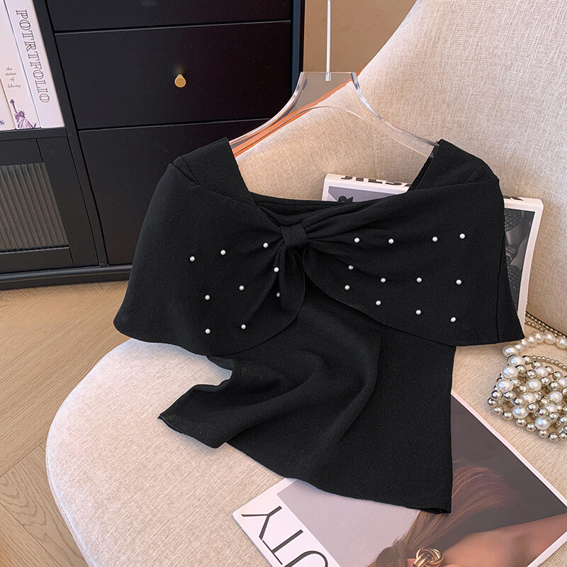 Sieviešu 2024. gada vasaras populārākie jauni franču maigi plecu modes Joker bantiņi ar īsām piedurknēm džemperis sieviešu t krekls