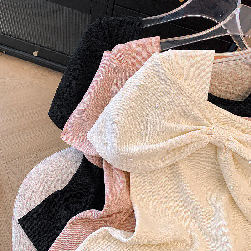 Sieviešu 2024. gada vasaras populārākie jauni franču maigi plecu modes Joker bantiņi ar īsām piedurknēm džemperis sieviešu t krekls