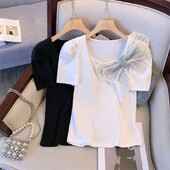 2024. gada jauni vasaras saldie brīvi ikdienas korejiešu stila T-krekli sievietēm Simplicity Solid BOW The Square Collar īsām piedurknēm eleganti topi