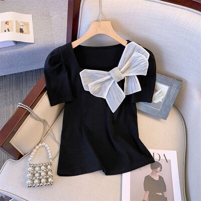 2024. gada jauni vasaras saldie brīvi ikdienas korejiešu stila T-krekli sievietēm Simplicity Solid BOW The Square Collar īsām piedurknēm eleganti topi