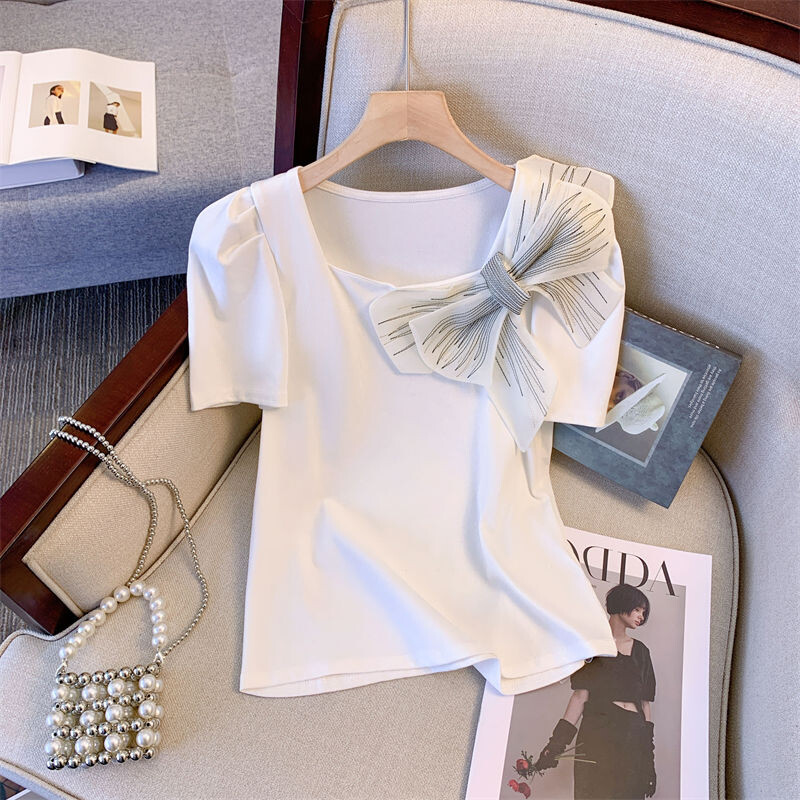 2024. gada jauni vasaras saldie brīvi ikdienas korejiešu stila T-krekli sievietēm Simplicity Solid BOW The Square Collar īsām piedurknēm eleganti topi