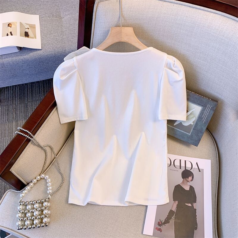 2024. gada jauni vasaras saldie brīvi ikdienas korejiešu stila T-krekli sievietēm Simplicity Solid BOW The Square Collar īsām piedurknēm eleganti topi