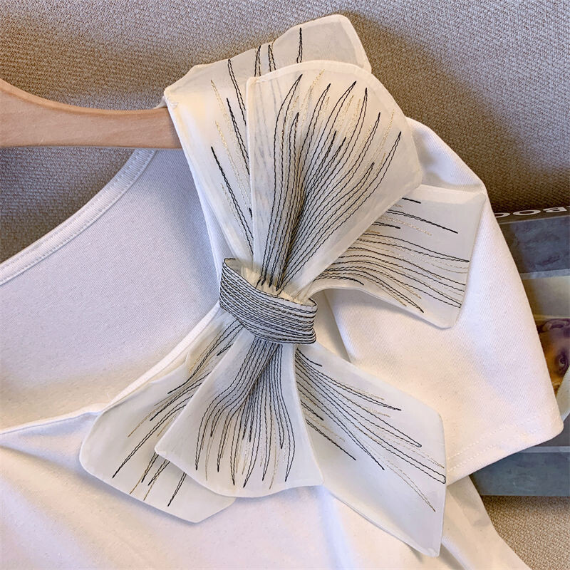 2024. gada jauni vasaras saldie brīvi ikdienas korejiešu stila T-krekli sievietēm Simplicity Solid BOW The Square Collar īsām piedurknēm eleganti topi