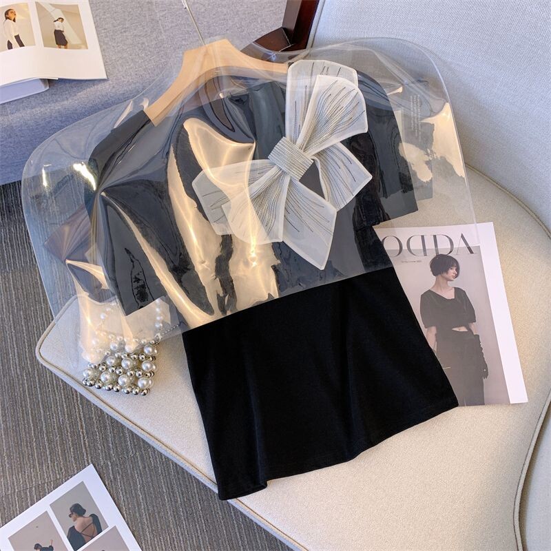 2024. gada jauni vasaras saldie brīvi ikdienas korejiešu stila T-krekli sievietēm Simplicity Solid BOW The Square Collar īsām piedurknēm eleganti topi