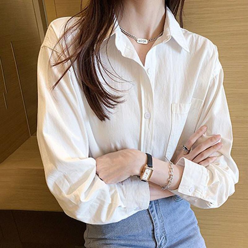 Xpqbb valge naiste särk 2024. aasta kevad-sügis pikkade varrukatega, lahtikäiva kraega pluusid, naiste vabaaja üherealised pluusid