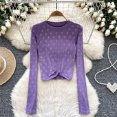 Basics Letter Rhinestone O-deck Hotsweet Vintage Chic Long Sleeves Slim Top Office Lady High Street Пролет Есен Дамски тениски