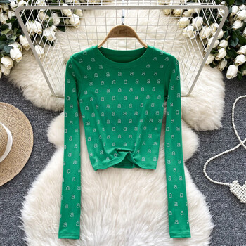 Basics Letter Rhinestone O-deck Hotsweet Vintage Chic Long Sleeves Slim Top Office Lady High Street Пролет Есен Дамски тениски