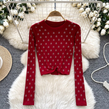 Basics Letter Rhinestone O-deck Hotsweet Vintage Chic Long Sleeves Slim Top Office Lady High Street Пролет Есен Дамски тениски