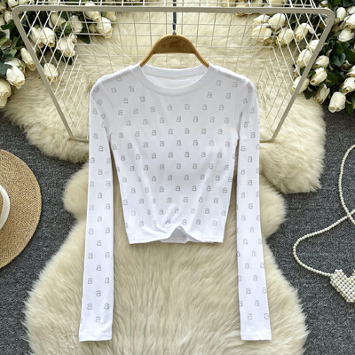 Basics Letter Rhinestone O-deck Hotsweet Vintage Chic Long Sleeves Slim Top Office Lady High Street Пролет Есен Дамски тениски