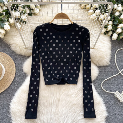 Basics Letter Rhinestone O-deck Hotsweet Vintage Chic Long Sleeves Slim Top Office Lady High Street Пролет Есен Дамски тениски