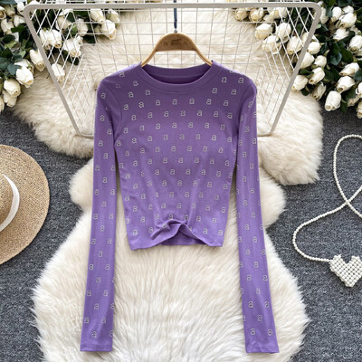 Basics Letter Rhinestone O-deck Hotsweet Vintage Chic Long Sleeves Slim Top Office Lady High Street Пролет Есен Дамски тениски