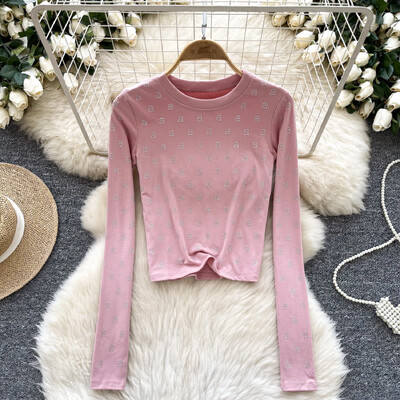 Basics Letter Rhinestone O-deck Hotsweet Vintage Chic Long Sleeves Slim Top Office Lady High Street Пролет Есен Дамски тениски