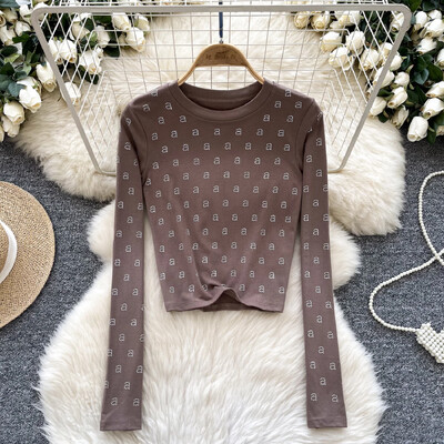 Basics Letter Rhinestone O-deck Hotsweet Vintage Chic Long Sleeves Slim Top Office Lady High Street Пролет Есен Дамски тениски
