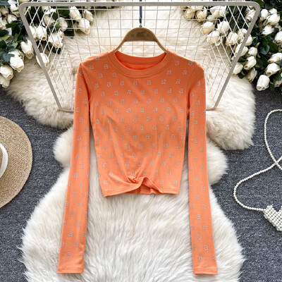 Basics Letter Rhinestone O-deck Hotsweet Vintage Chic Long Sleeves Slim Top Office Lady High Street Пролет Есен Дамски тениски