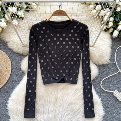 Basics Letter Rhinestone O-deck Hotsweet Vintage Chic Long Sleeves Slim Top Office Lady High Street Пролет Есен Дамски тениски